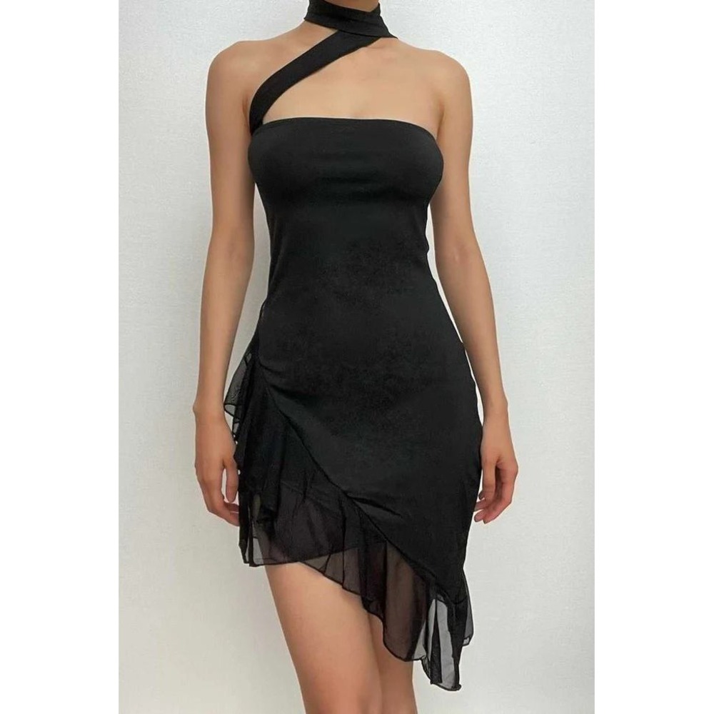 Micas Black Asymmetrical Halter Mini Dress Ruffle Mesh Hem Tube Top Style New L